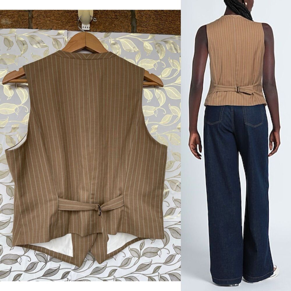 Rag & Bone Tan Pinstripe Wool Vest Waistcoat Size 12 Dark Academia Corporatecor - Picture 2 of 9